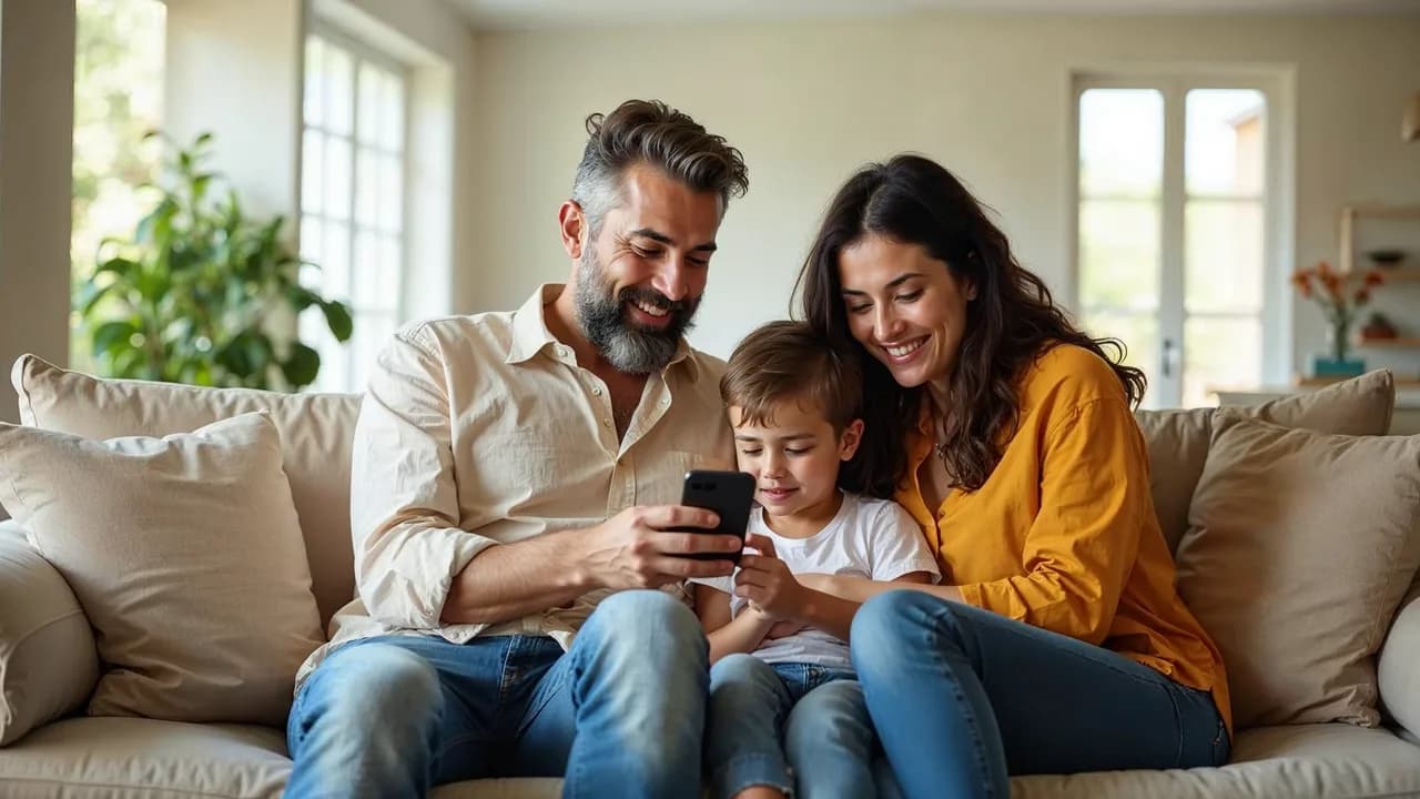 Happy family relaxing on the couch checking Shipshape app