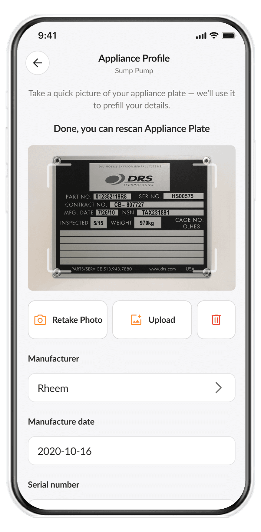 Scan complete — equipment identified: Rheem Sump Pump
